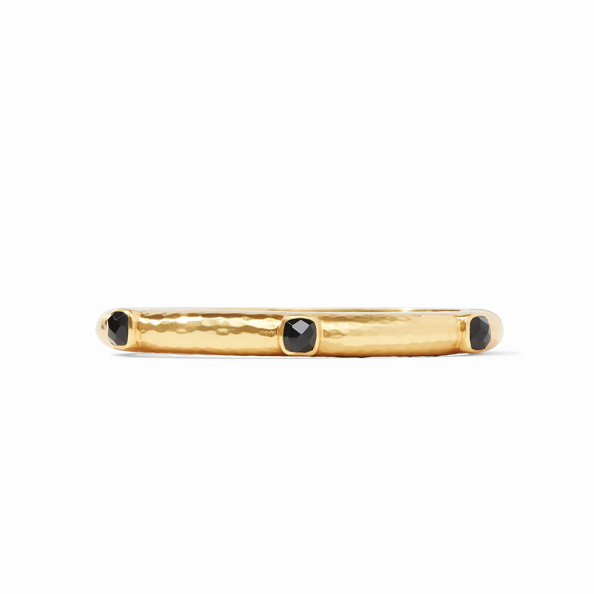 Julie Vos Catalina Hinge Bangle Obsidian Black: 24K gold-plated hammered bangle with three round obsidian black stones in square rose-cut glass bezels. Sizes available.