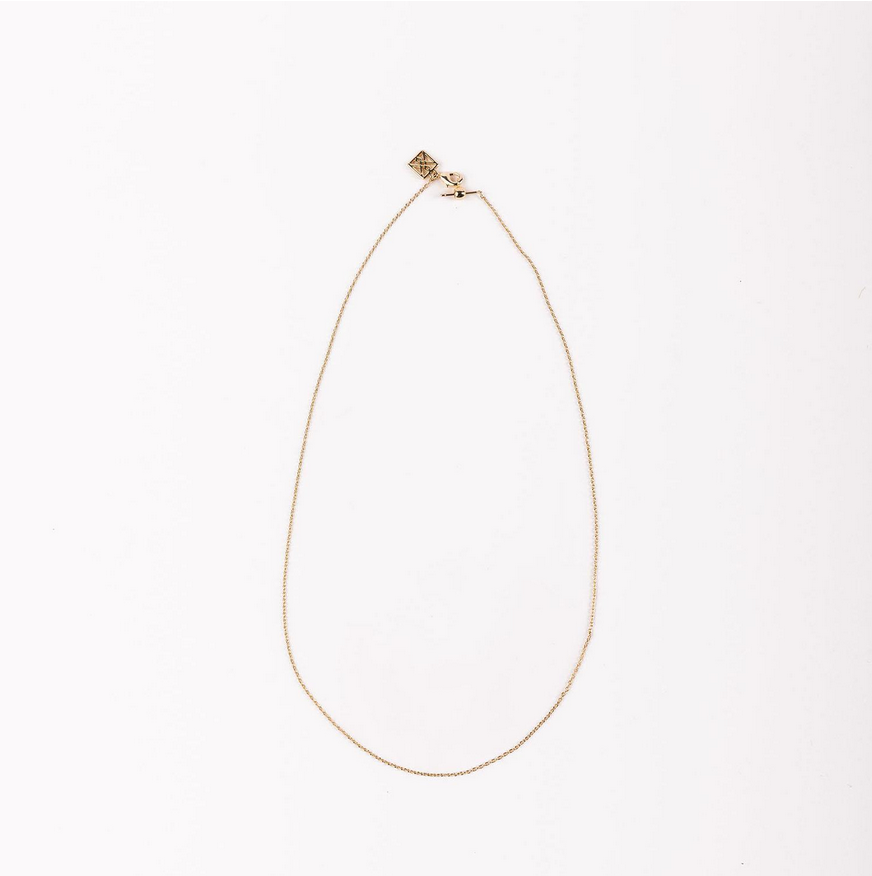 Delicate chain necklace with a small clasp and square pendant. Available in 16", 18", and 20" lengths.