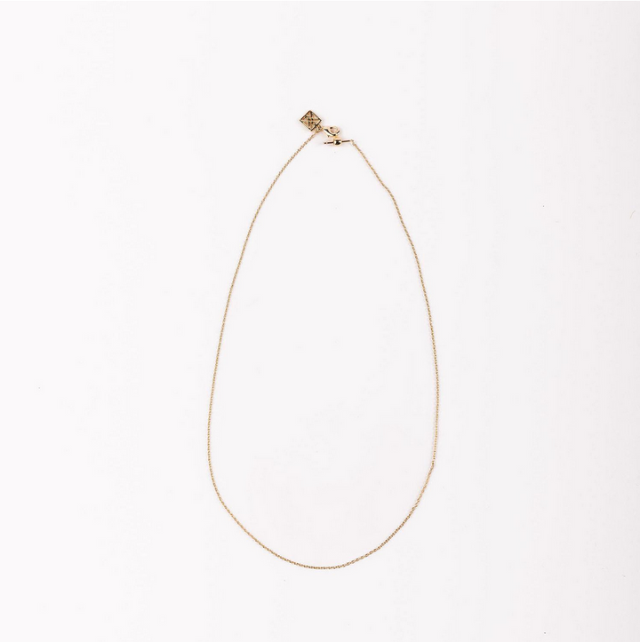 Delicate chain necklace with a small clasp and square pendant. Available in 16", 18", and 20" lengths.