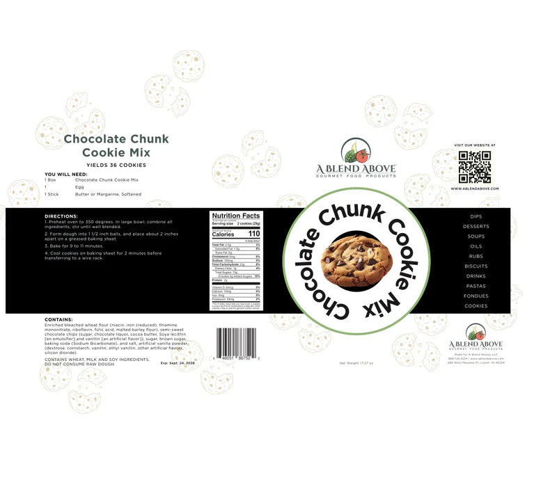 Chocolate Chunk Cookie Mix package with ingredients, nutrition facts, brand logo, cookie illustrations, baking directions, and a central close-up of cookies. Available in 12 oz and 18 oz sizes.