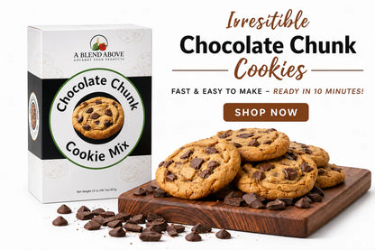 Box of Chocolate Chunk Cookie Mix with "Irresistible Chocolate Chunk Cookies" text and "Shop Now" button. Sizes available.