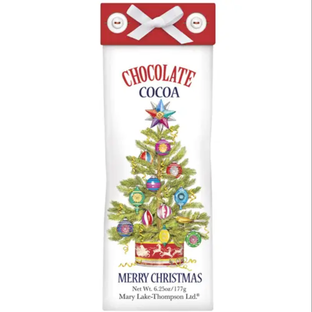 Holiday Cocoa paper packaging, illustrated with a Christmas tree and “Chocolate Cocoa” and “Merry Christmas” text, 6.25oz/177g.