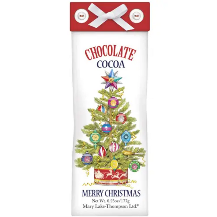 Holiday Cocoa paper packaging, illustrated with a Christmas tree and “Chocolate Cocoa” and “Merry Christmas” text, 6.25oz/177g.