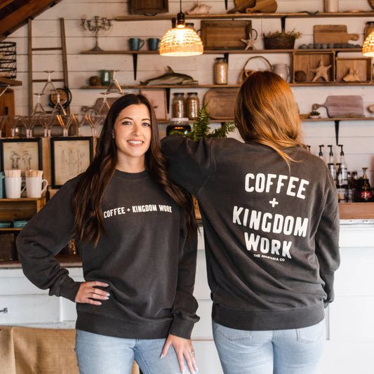 Coffee + Kingdom Work™ Crew sweatshirt, Christian unisex style; available in S–XXL.