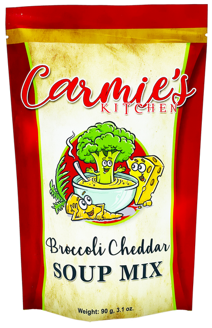 Broccoli Cheddar Soup Mix in a vibrant red and yellow 90g (3.1 oz) bag, with cartoon broccoli and cheese on the front.