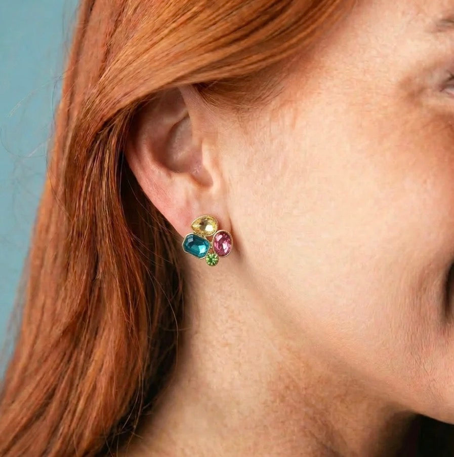 Gemstone Cluster Earrings with green, blue, pink, and yellow gemstones set in gold; available in small, medium, and large sizes.