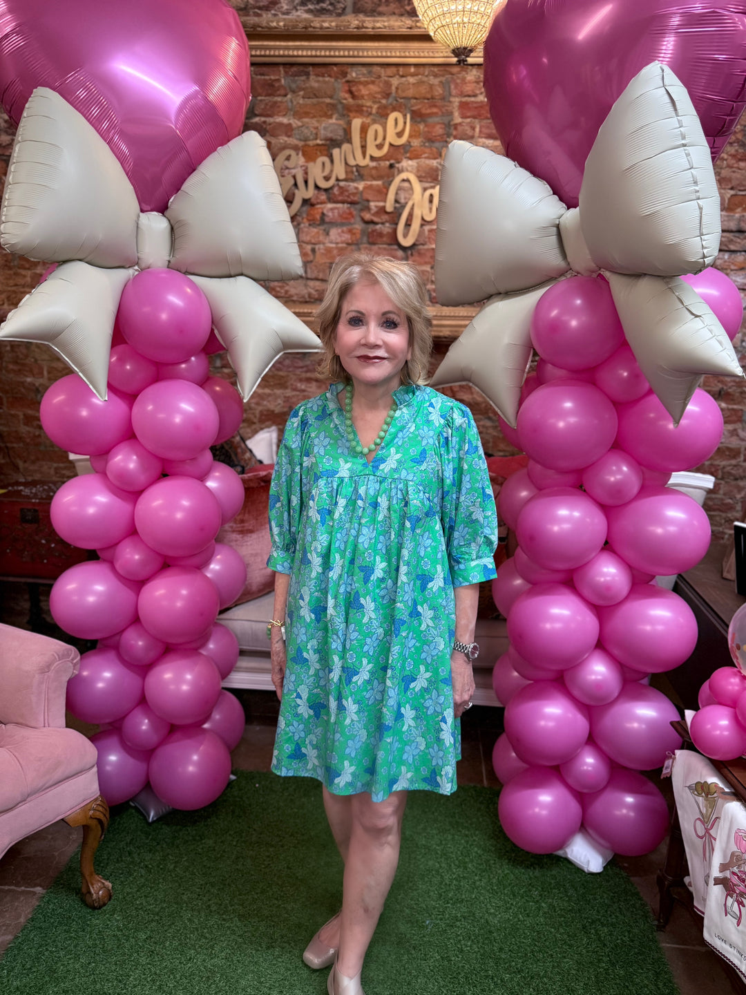 Green Floral Print Ruffle Stand Collar Dress, available in sizes S-XL.