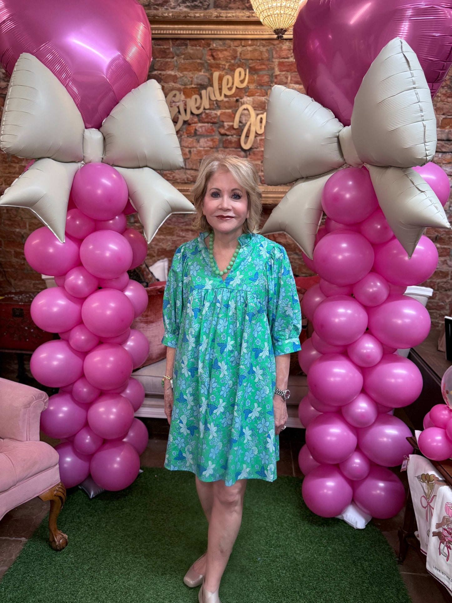 Green Floral Print Ruffle Stand Collar Dress, available in sizes S-XL.