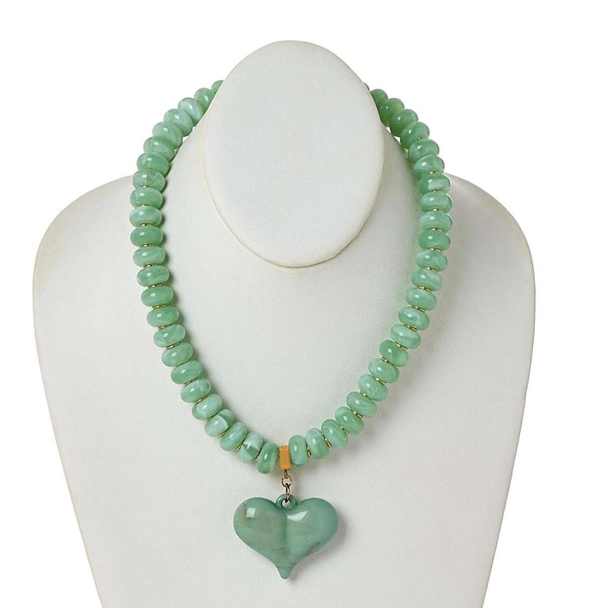 Happy Heart Beaded Necklace with chunky light green beads and a bold heart-shaped pendant. Available in small, medium, and large sizes.