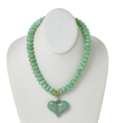 Happy Heart Beaded Necklace with chunky light green beads and a bold heart-shaped pendant. Available in small, medium, and large sizes.