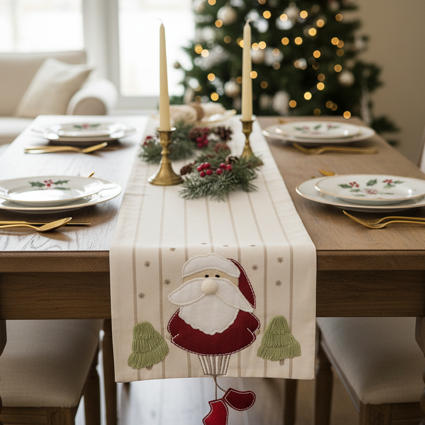 Cream-colored Old St. Nick Christmas table runner with embroidered Santa Claus, green trees, and snowflakes.