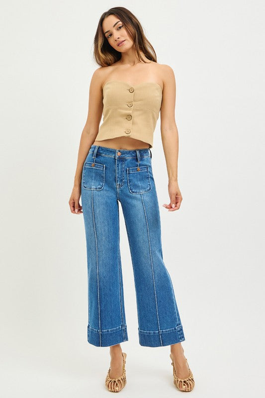 Risen High Rise Crop Wide Pintuck Jeans with front pockets; available in sizes 24-32.
