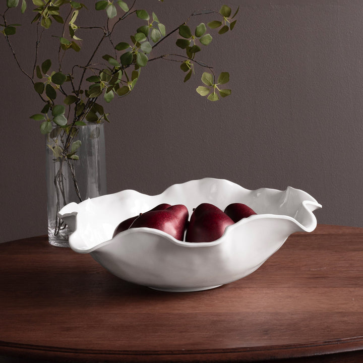 White Vida Havana Centerpiece bowl (Extra Large; other sizes available), filled with red pears.