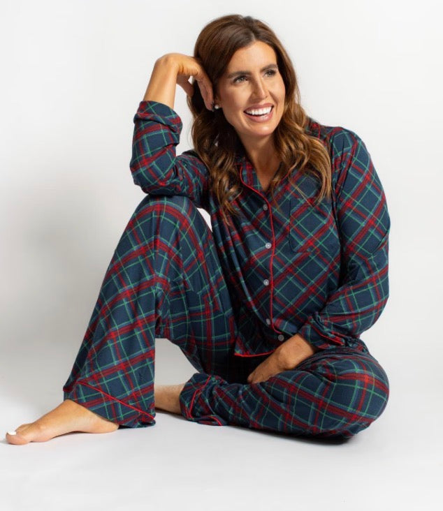Women’s Layton Plaid Sleep Shirt and matching pants in a blue, red, and green pattern with red piping.