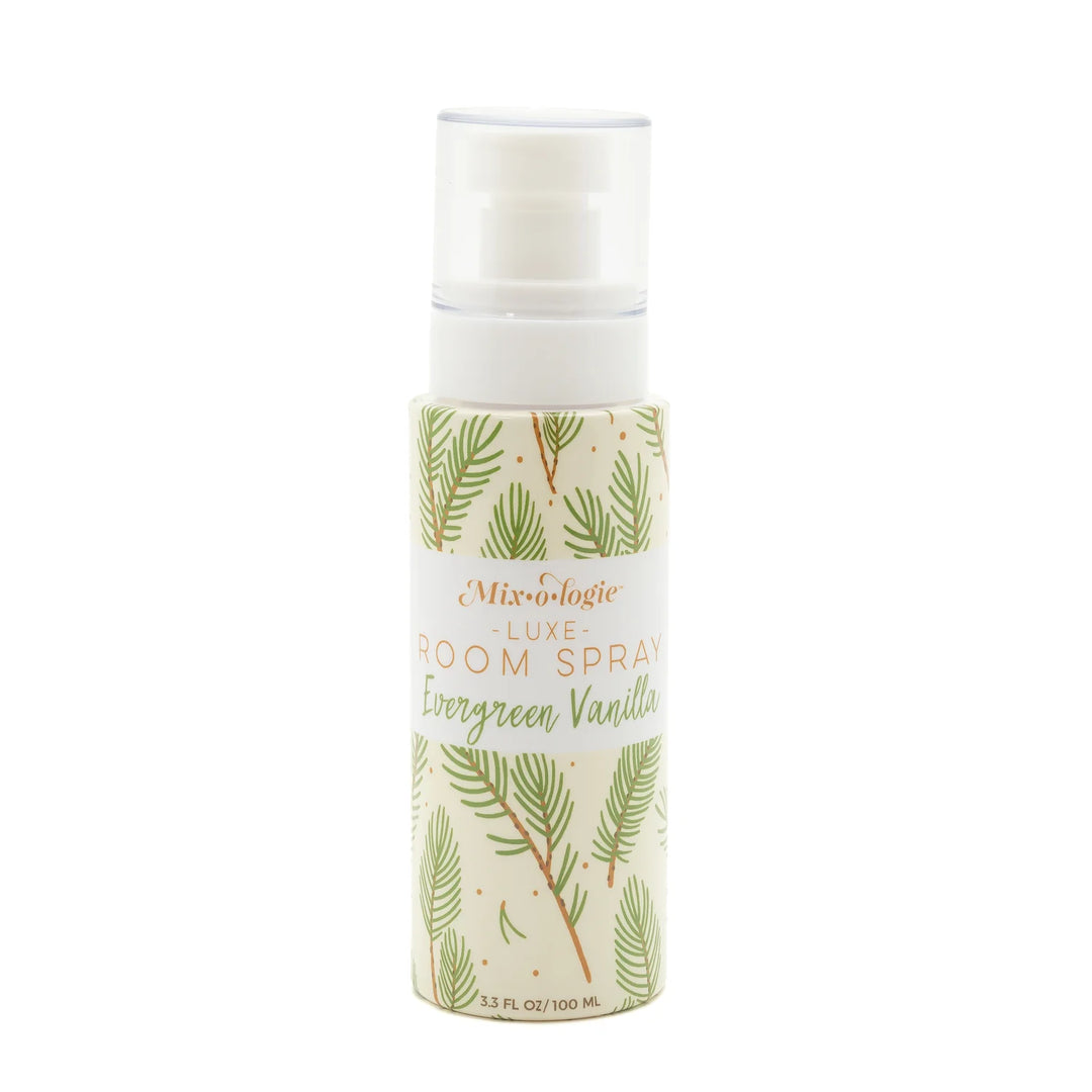 3.3 fl oz (100 ml) Mix O Logie Evergreen Vanilla room spray with white label, pine branch art, and gold text.