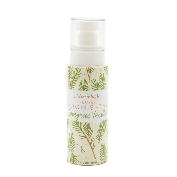 3.3 fl oz (100 ml) Mix O Logie Evergreen Vanilla room spray with white label, pine branch art, and gold text.