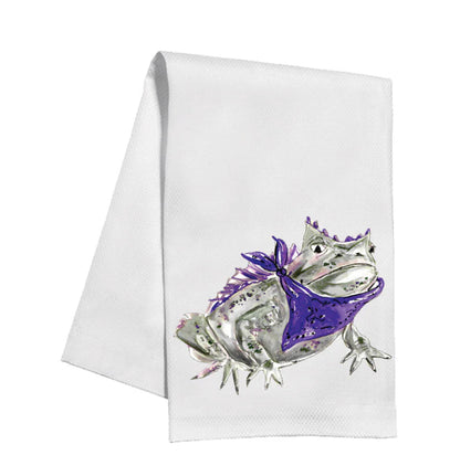 White cotton handpainted kitchen towel with horned lizard in purple bandana design. Machine washable. Sizes: standard.