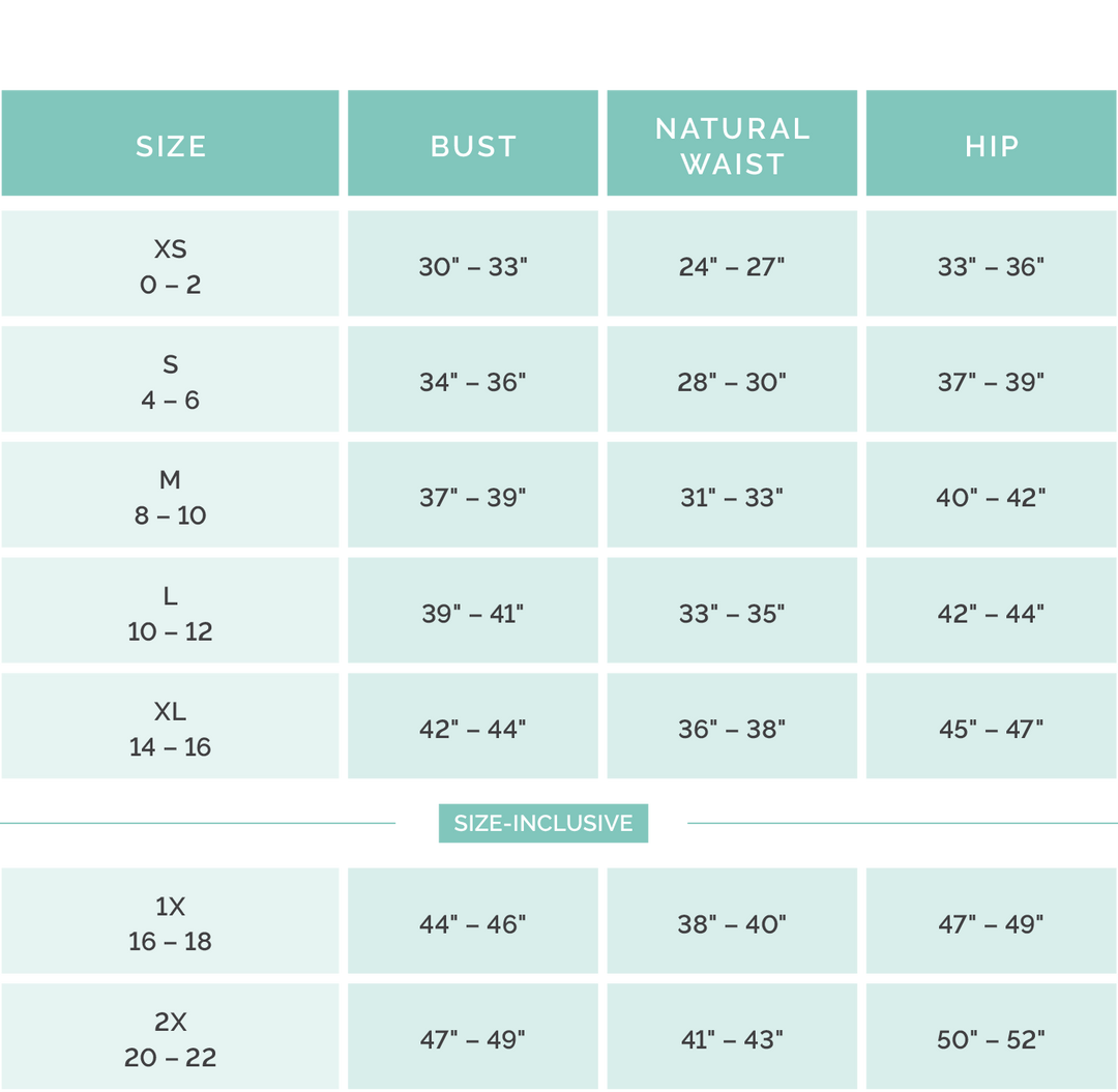 Abigail Sweater size chart, XS–2X (bust, waist, hip in inches), blue/green grid; features crew neckline and puff sleeves.