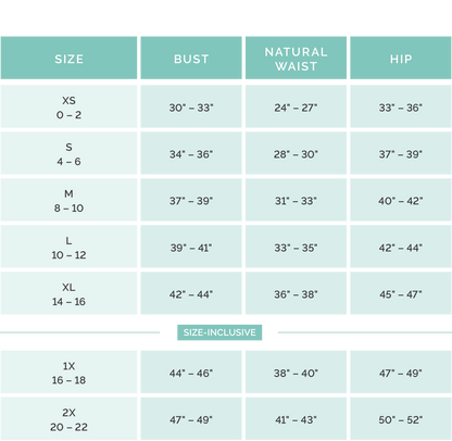 Abigail Sweater size chart, XS–2X (bust, waist, hip in inches), blue/green grid; features crew neckline and puff sleeves.