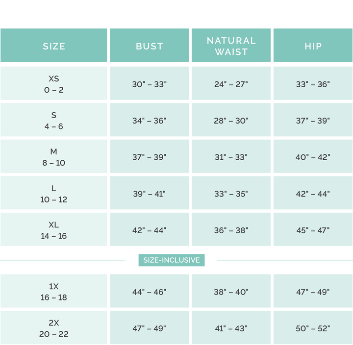 Abigail Sweater size chart, XS–2X (bust, waist, hip in inches), blue/green grid; features crew neckline and puff sleeves.