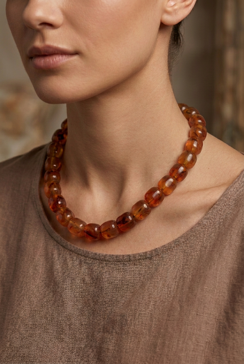 Translucent amber-colored oblong beaded necklace.