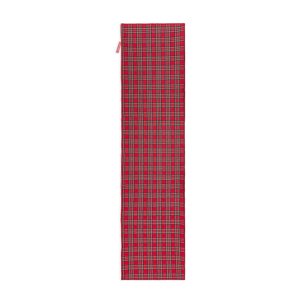 Tartan Traditions Double Sided Table Runner in a red, black, white, and yellow plaid pattern.