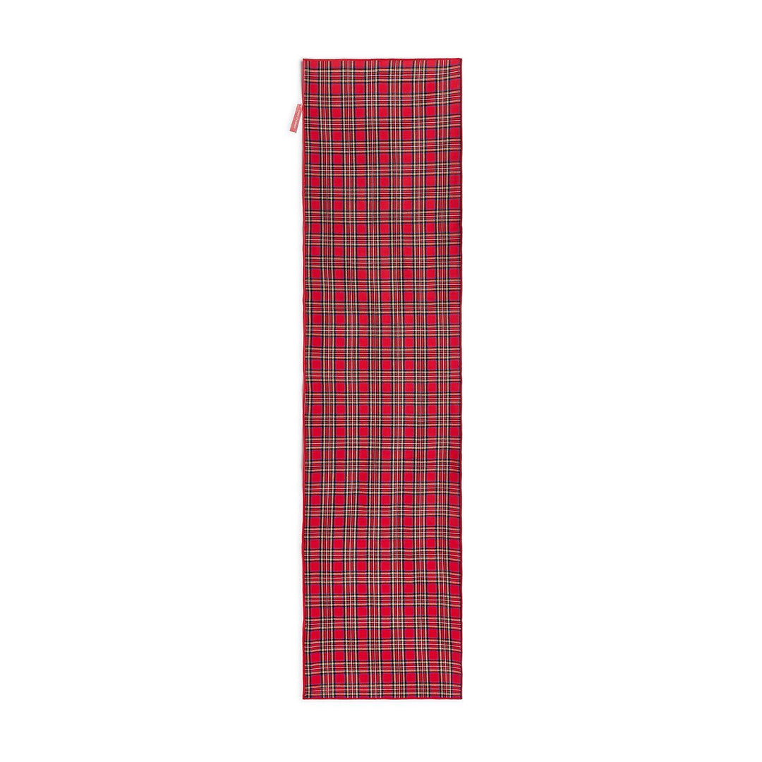 Tartan Traditions Double Sided Table Runner in a red, black, white, and yellow plaid pattern.