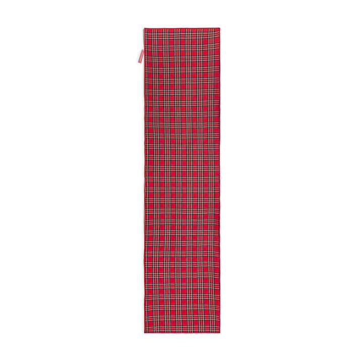 Tartan Traditions Double Sided Table Runner in a red, black, white, and yellow plaid pattern.