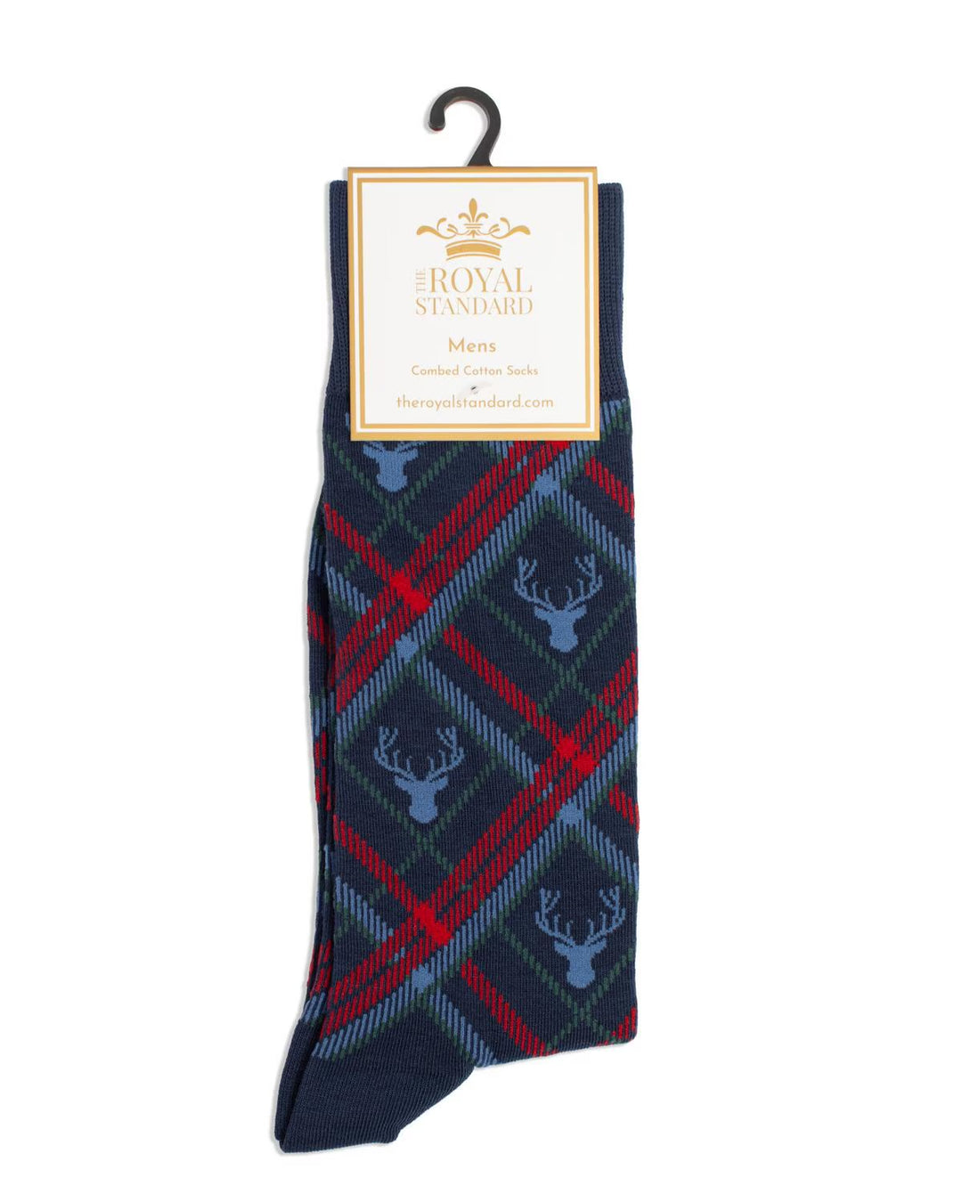 Men’s Layton Deer Plaid Sock in navy blue with a red and green plaid pattern and light blue deer head silhouettes, available in men’s sizes 8–12.
