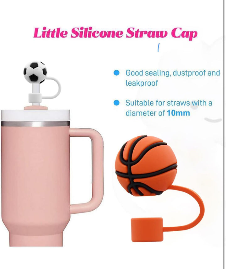 Sports Straw Covers: Silicone soccer ball or basketball design, fits 10mm straws, available in fun sports styles.