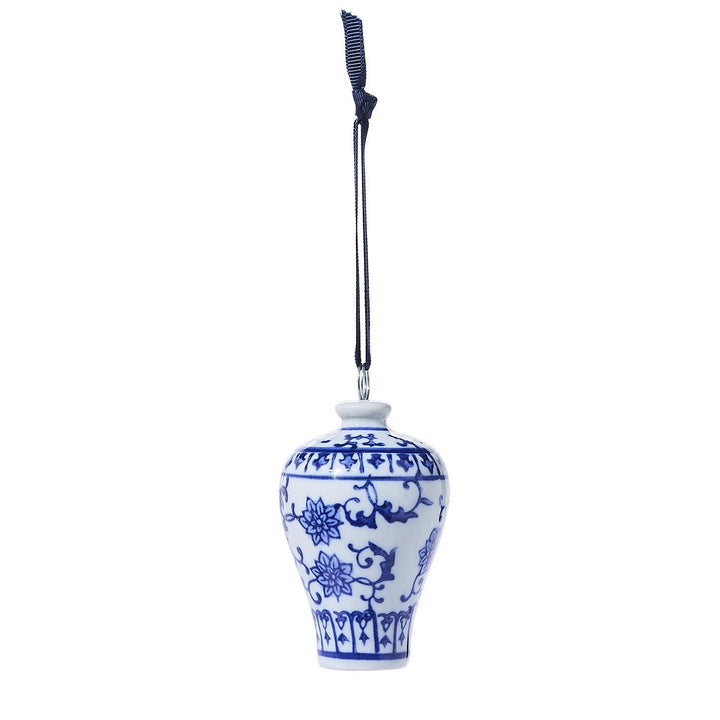Small blue and white ginger jar ornament and place card holder with hanging ribbon.