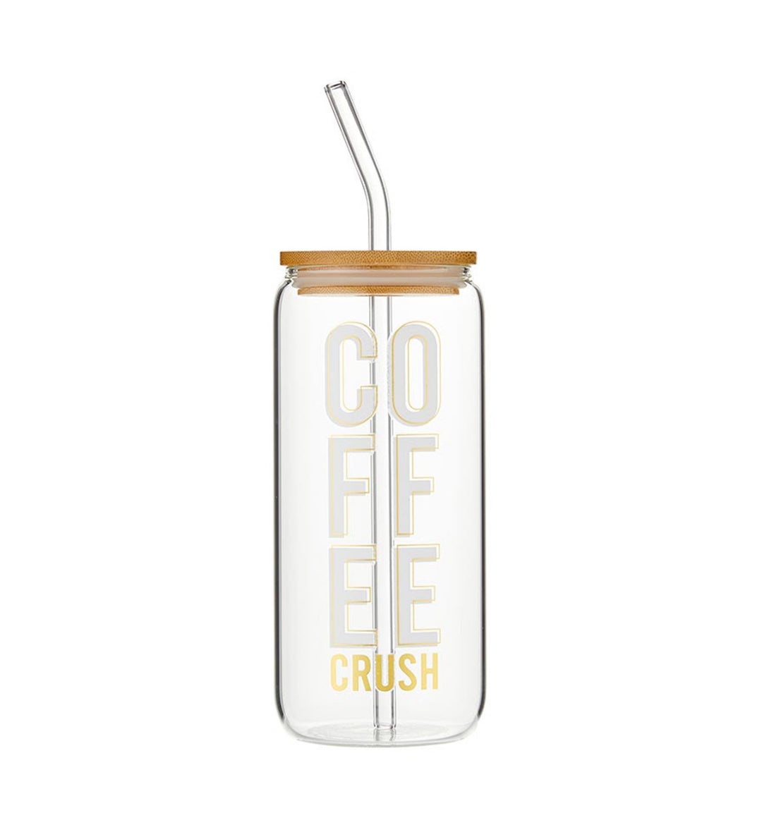 20 oz Cold Brew Tumbler with bamboo lid, glass straw, and "COFFEE CRUSH" in white and yellow vertical text.