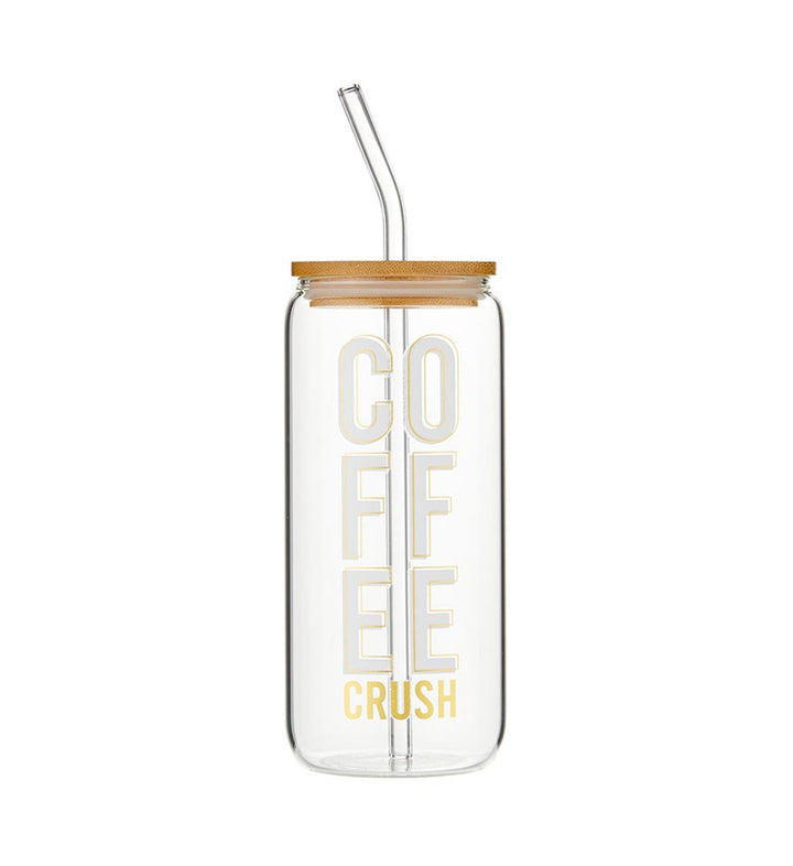20 oz Cold Brew Tumbler with bamboo lid, glass straw, and "COFFEE CRUSH" in white and yellow vertical text.