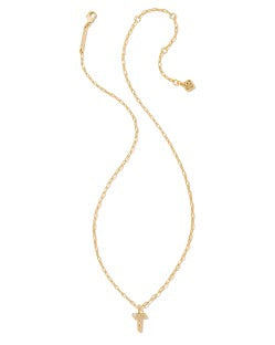 Gold necklace with a sparkling crystal "T" pendant. Available in 16", 18", and 20" chain lengths.