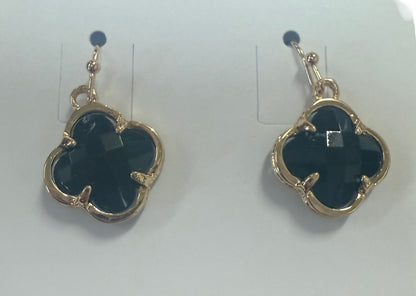 Puma Earrings: gold trim, black four-leaf clover with dark faceted stones, hook style. Sizes available: S, M, L.