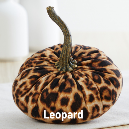 Velvet pumpkin with chic leopard print pattern and a long stem. Available in multiple sizes. “Leopard” is written at the bottom.