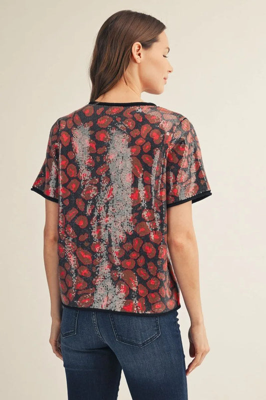 Red Sequin Covered Leopard Sweater Top with red and gray leopard designs; available in sizes XS-XL.