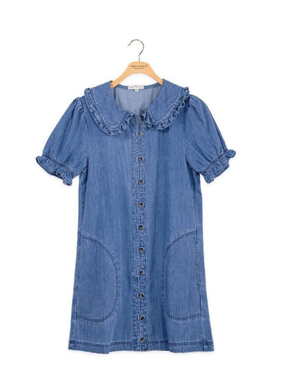 Short-sleeve denim mini dress with ruffled collar, button-down front, puff sleeves, large front pockets, and gathered sleeve hems. Available in sizes XS–L.