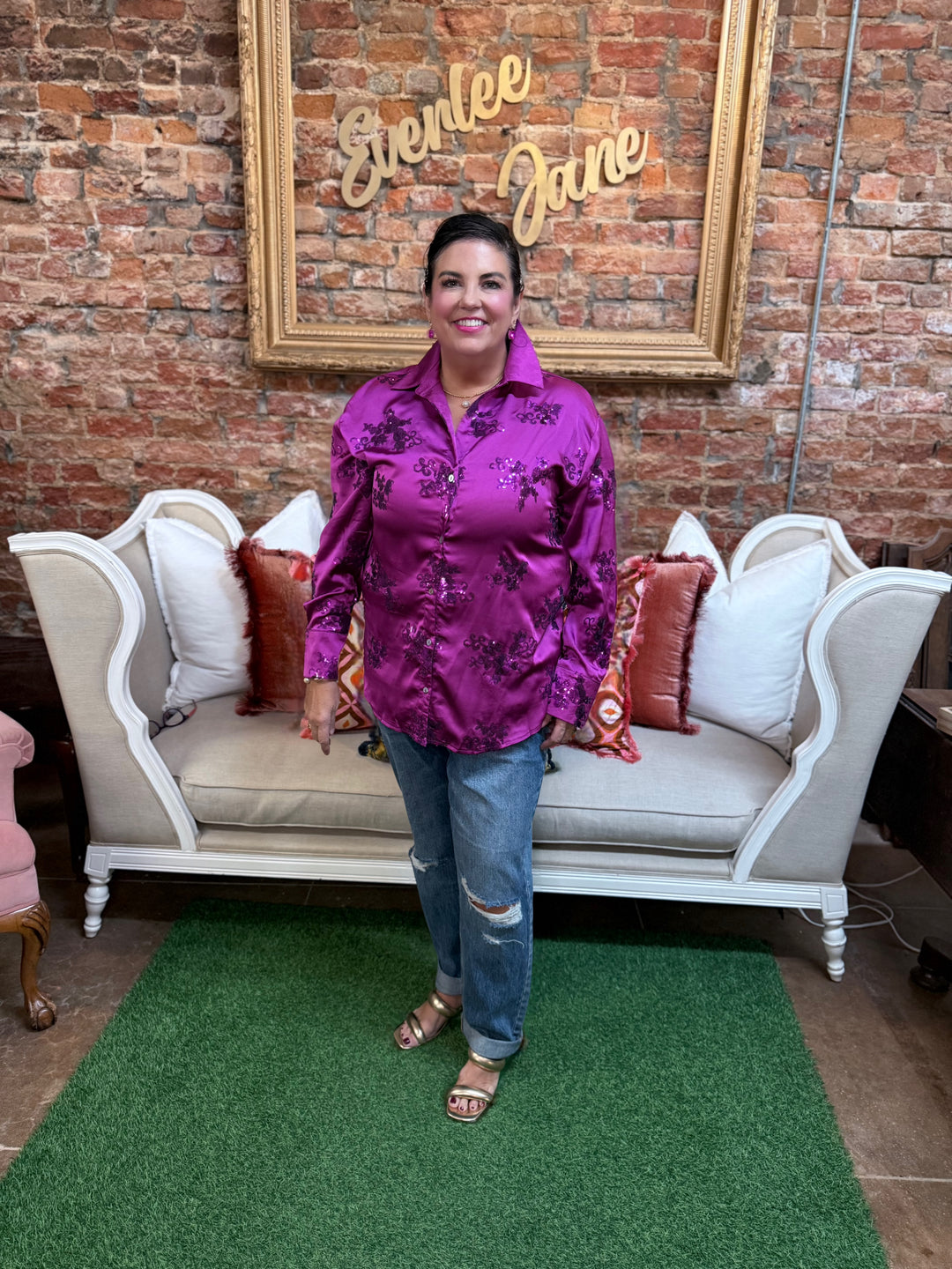 Rosalie Sequin Blouse, available in sizes XS-XL.
