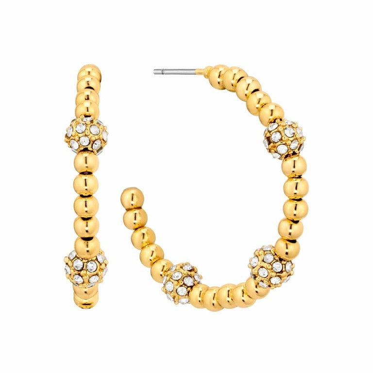 Beaded gold hoop earrings with round beads and pavé-set clear crystals. Available sizes: small, medium, large.