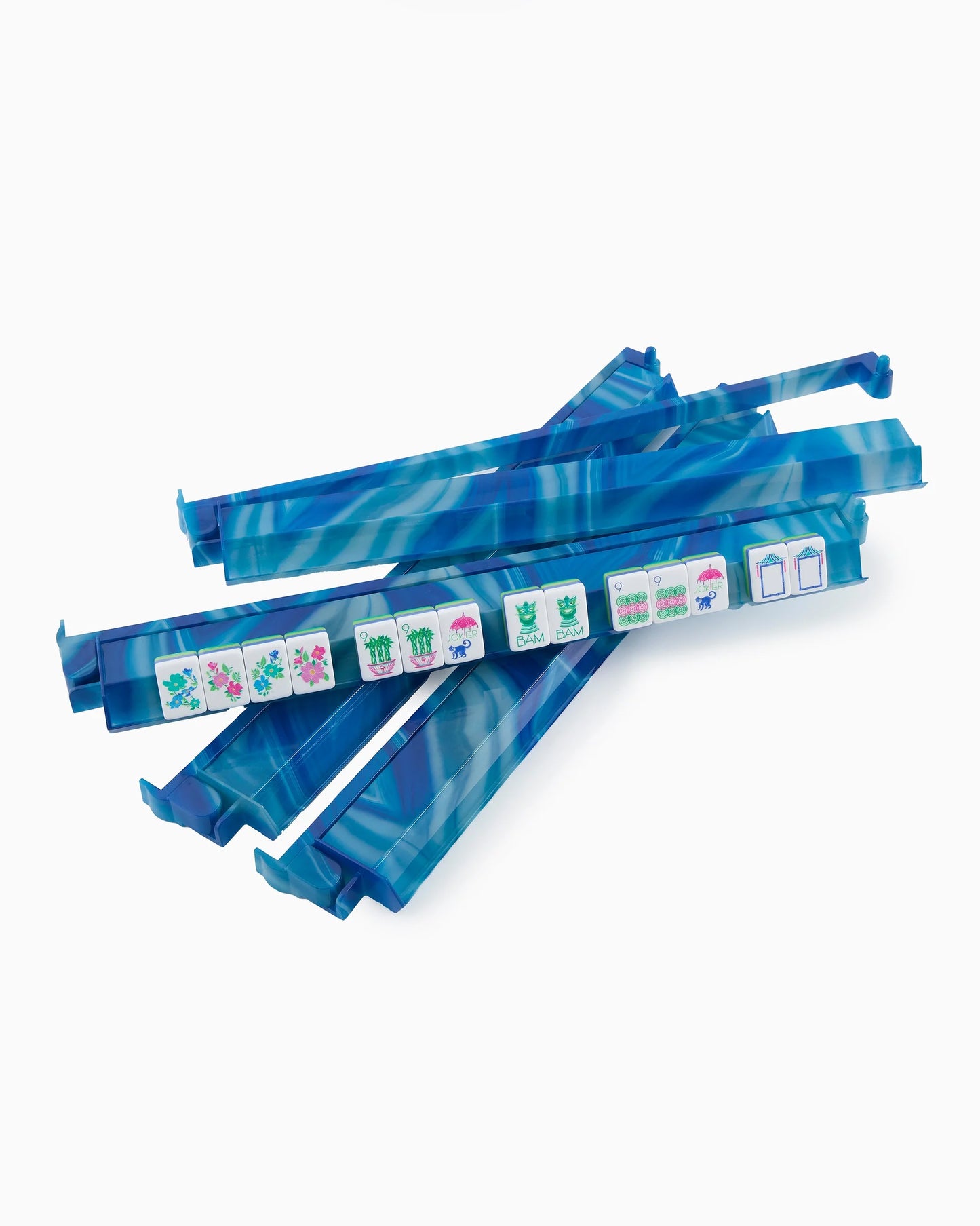 Set of five blue marbled plastic bands, one featuring tile designs with animal faces and icons. Available sizes: S, M, L.