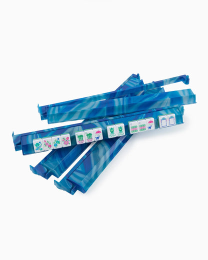 Set of five blue marbled plastic bands, one featuring tile designs with animal faces and icons. Available sizes: S, M, L.
