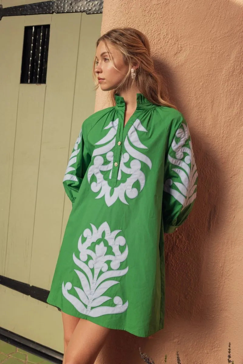 Kelly Green and Light Blue Baroque Appliqué Shift Dress; available in sizes XS-XL.