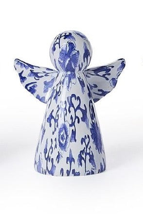 Blue and white floral angel figures.