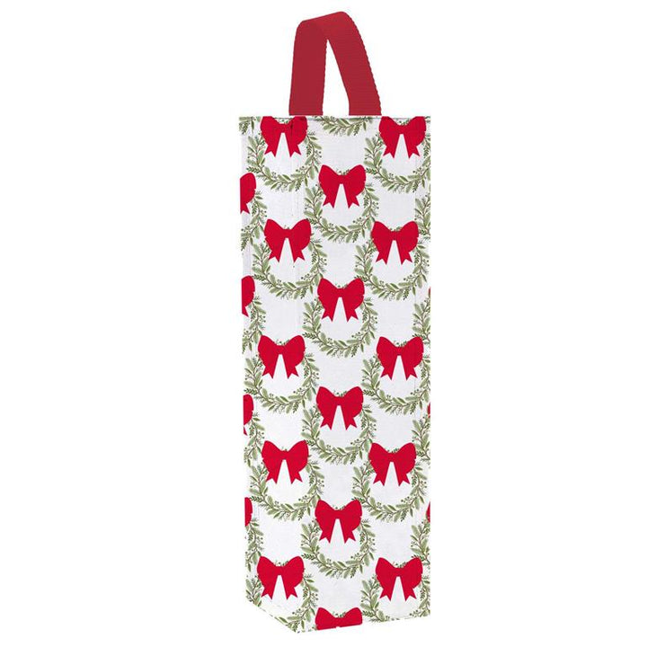 Holiday Wine Bag with festive red bow and green wreath design and red handle.