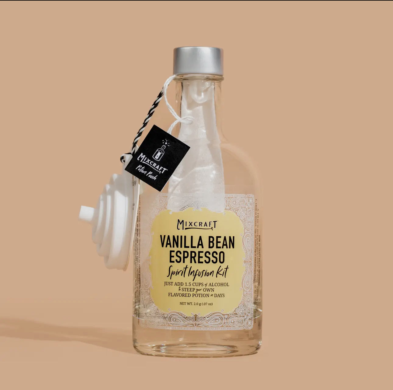 Clear bottle labeled "Spirit InFusion Kit" with cream-colored stopper on string, for custom cocktails. Available in multiple sizes.