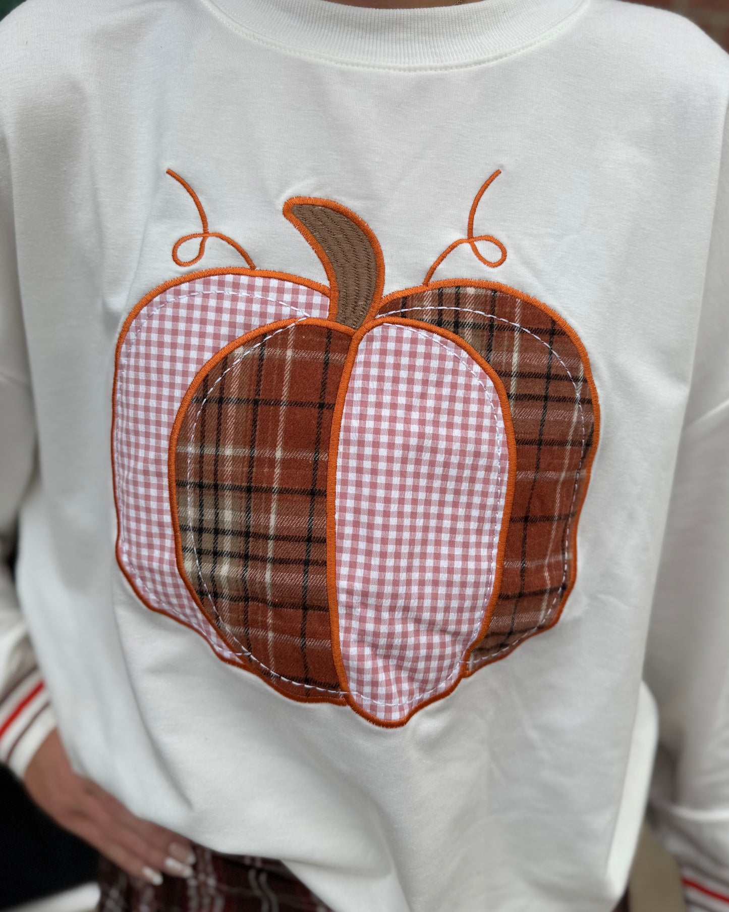 Cozy white Pumpkin Patch Long Sleeve Top with a brown plaid and pink gingham appliqué pumpkin, orange stitching, brown stem, and curly vines. Available in sizes S-XL.