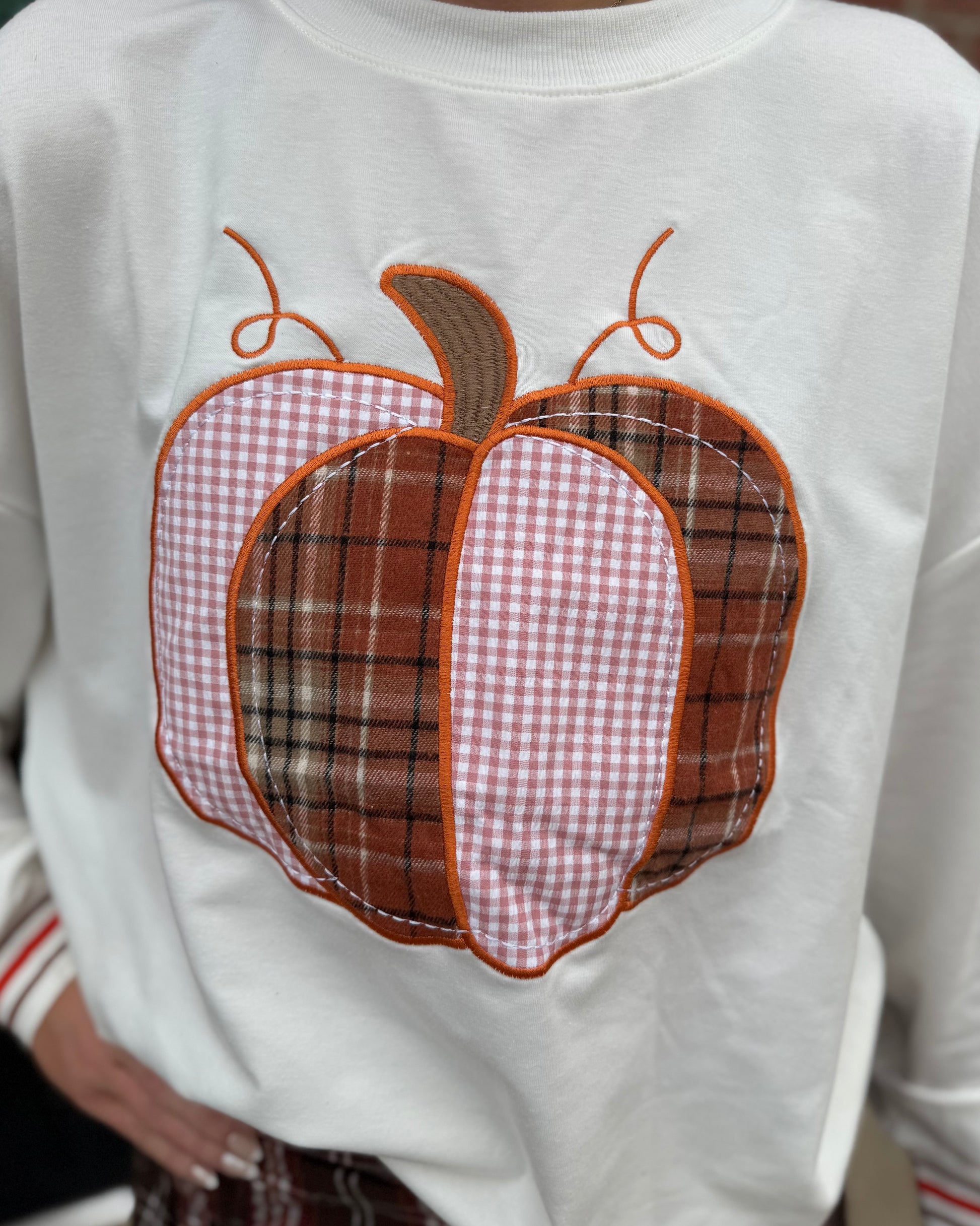 Cozy white Pumpkin Patch Long Sleeve Top with a brown plaid and pink gingham appliqué pumpkin, orange stitching, brown stem, and curly vines. Available in sizes S-XL.