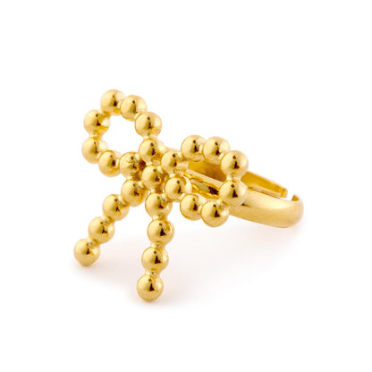 Adjustable gold ring with delicate bow of small round beads, waterproof. Available in sizes 5–9.