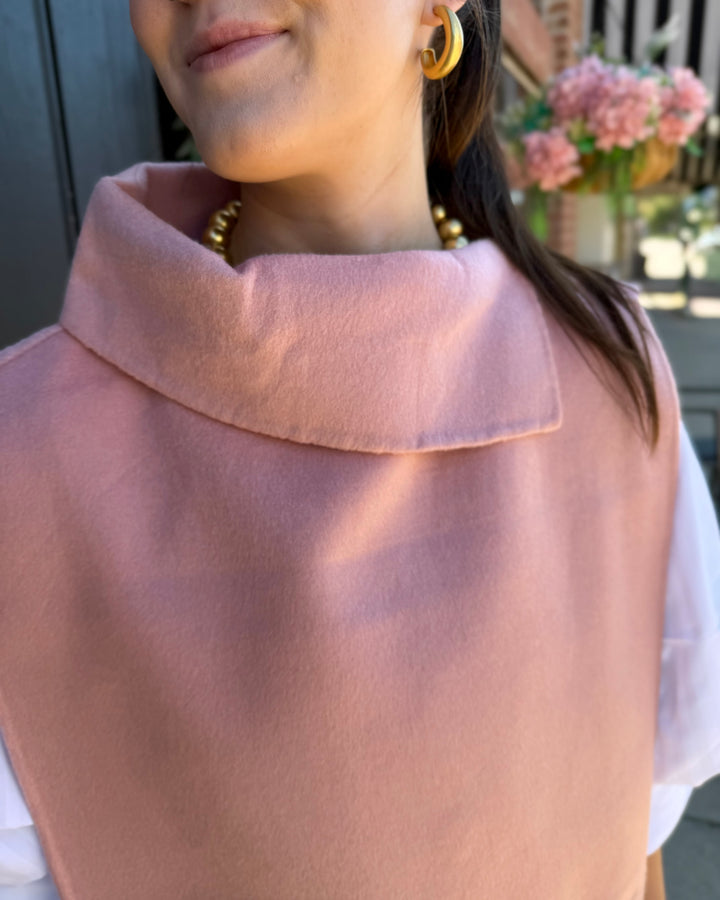 Blush pink collar poncho with fringe, high folded collar. Available in all sizes.